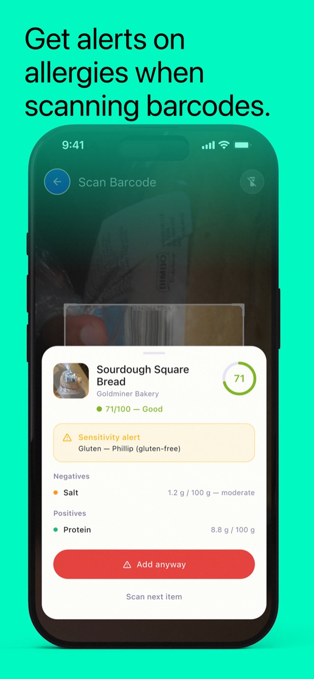 Frestly barcode scan showing a health score and a gluten sensitivity alert